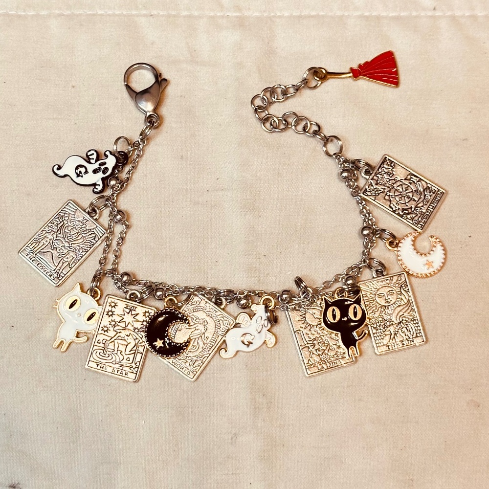 Stainless Steel Chains w/Stationary Beads Bracelet Tarot & Halloween Charms